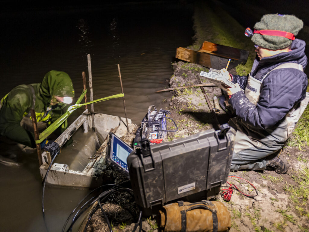 Recording data while fish pass out of the field into canal
