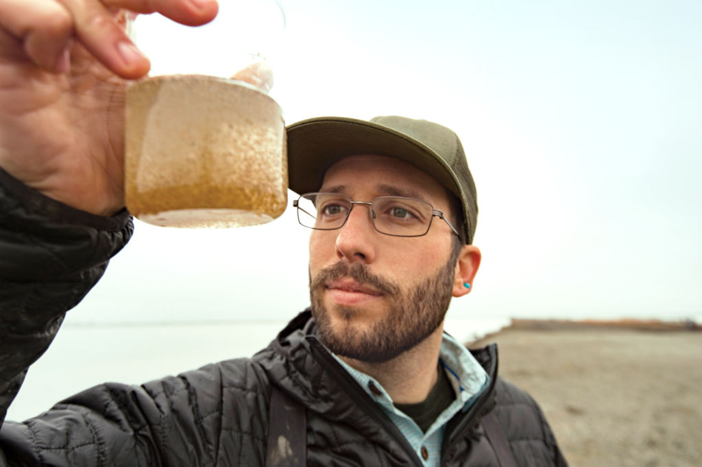 A jar of zooplankton “bugs” from winter flooded rice fields. These are the bugs that the small salmon feast upon while in winter flooded rice fields to grow so quickly to prepare for their journey to the ocean.